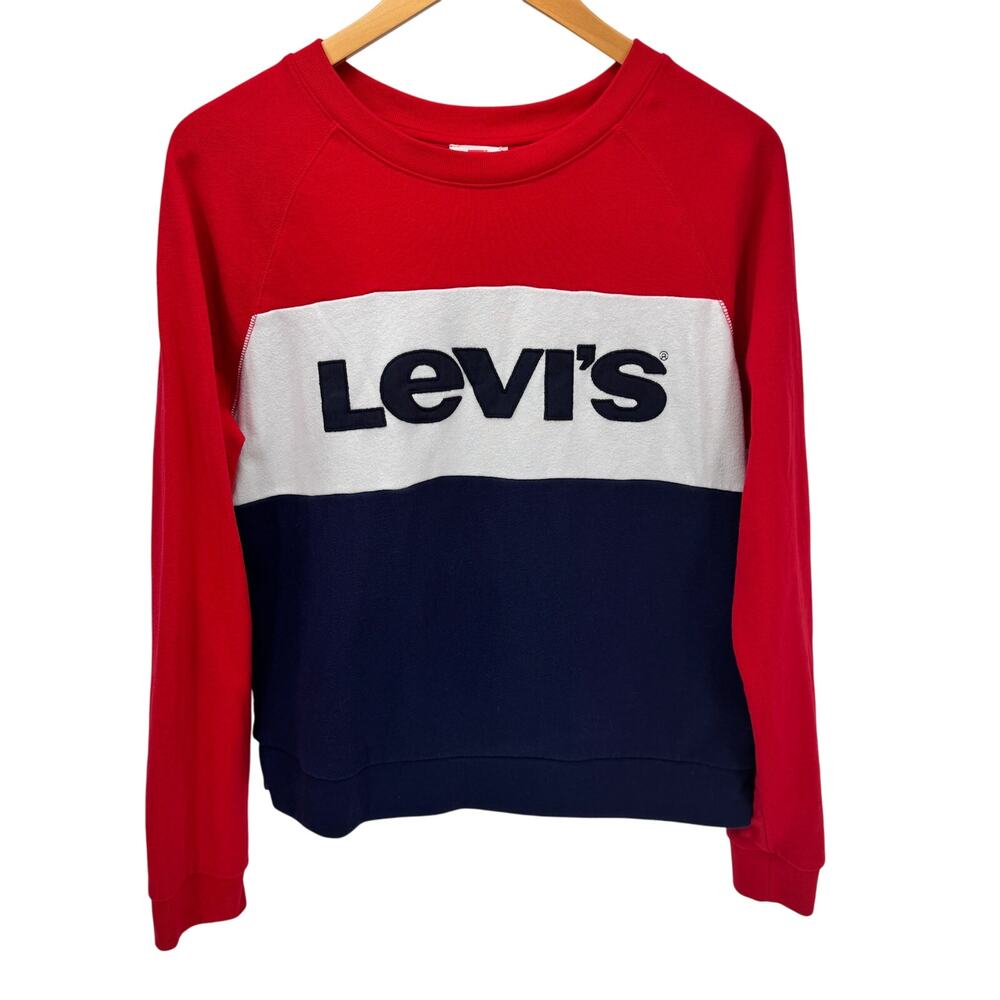 Levi's Sweatshirt Womens Medium Red White Blue Colorblock Pullover Long Sleeve